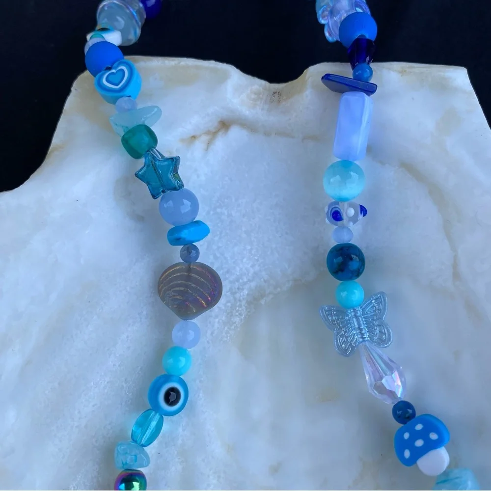 Ethereal Realms Blue Tone Beaded Necklace Silver Mushroom Roses Heart Hamsa - Picture 5 of 7